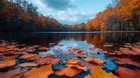 Tranquil autumn lake surrounded by vibrant orange foliage, fallen maple leaves floating on calm water surface reflecting dramatic cloudy sky and forest.