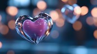 Transparent glass heart floating against blurred bokeh lights background in blue and orange tones, creating romantic atmosphere for Valentine's day designs and love concepts.