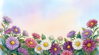 Watercolor floral border with colorful daisies and asters on pastel gradient background for spring greeting cards and botanical design projects.