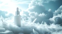 Ethereal white dropper bottle floating among soft feathers and dreamy clouds in turquoise sky, creating mystical skincare and cosmetic advertising atmosphere.