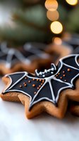 Halloween bat-shaped gingerbread cookies with black icing and orange decorative dots on wooden surface with warm bokeh lights in background.
