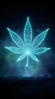 Futuristic holographic cannabis leaf projection with glowing cyan wireframe design on dark background for medical technology and digital innovation concepts.