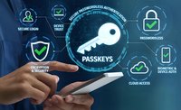 Businessman using smartphone with digital passkeys authentication system showing security icons for passwordless login and device trust technology.