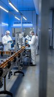 Scientists in protective suits working in sterile pharmaceutical laboratory with quality control equipment and production line for drug manufacturing.