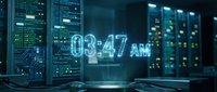 Digital clock displaying 03:47 AM in futuristic server room with glowing blue data center equipment and network infrastructure for technology concepts.