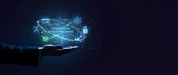 Businessman hand holding digital shopping cart with secure payment icons and encrypted data symbols on dark background.