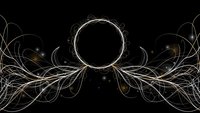 Elegant golden flowing lines create symmetrical ornamental design with central circle on black background for luxury branding and decorative projects.