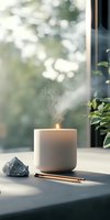 Burning aromatic candle with smoke trail in white ceramic holder near crystal and incense sticks on windowsill, soft natural daylight creates peaceful atmosphere.