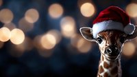 Young giraffe wearing red Santa hat with festive bokeh lights background for holiday greeting cards and seasonal marketing campaigns.