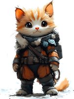 Adorable orange and white kitten character wearing detailed adventure gear and combat armor, standing upright in anthropomorphic style against white background.