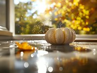 White pumpkin on windowsill with golden sunlight streaming through window creating magical bokeh effect and water droplets, autumn seasonal atmosphere.