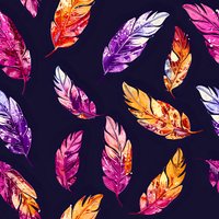 Vibrant watercolor feathers in pink, purple, and orange scattered on dark navy background create seamless pattern for fabric, wallpaper, and textile design.