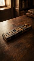 Vintage wooden letterpress blocks spelling MARGINS on rustic desk in warm library setting with antique books for typography and publishing projects.