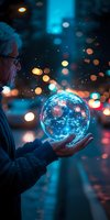 Senior Caucasian man holding glowing blue sphere with network connections against urban night backdrop with bokeh lights, creating magical atmosphere.