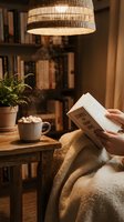Cozy reading corner with person enjoying book under warm pendant light, hot chocolate with marshmallows on wooden table, comfortable blanket and plant.