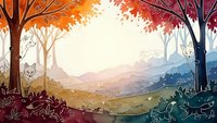 Autumn forest landscape with colorful trees framing mountain valley view. Peaceful nature scene with warm orange and cool teal gradient colors for backgrounds.