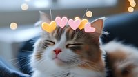 Adorable calico kitten with colorful heart emojis floating above head, eyes closed in blissful expression against soft bokeh background for social media content.
