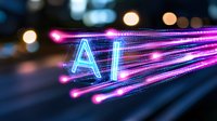 Glowing AI text with neon blue letters and pink light trails against dark background, futuristic technology concept representing artificial intelligence advancement.