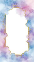 Watercolor frame with gold border in blue and purple tones on white background for wedding invitations, greeting cards and elegant design projects.