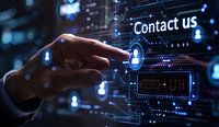 Digital contact interface with hand touching virtual screen, displaying futuristic customer service technology concept with blue glowing elements and contact information visualization.