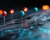 Futuristic pins marking locations on abstract topographic surface with glowing bokeh lights and rippled pattern in dark blue tones. Technology concept.