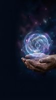 Human hands holding glowing DNA helix with cosmic energy sphere against starry space background for biotechnology and genetic research concepts.