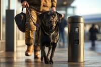 Black Labrador service dog walking with military personnel in uniform at airport terminal, thermos flask in foreground, shallow depth of field composition.