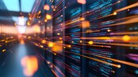 Dynamic programming code on digital screens with glowing orange light trails and motion blur effect creating futuristic technology atmosphere.