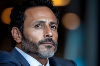Middle-aged Hispanic businessman with salt and pepper beard wearing navy suit gazes confidently into distance against blurred bokeh background. Professional portrait.