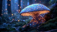 Magical glowing mushroom in enchanted night forest with sparkling lights and mystical atmosphere. Luminescent fungi amid dark blue moss creates fairytale woodland scene.