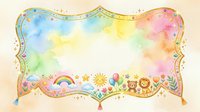 Watercolor rainbow frame with cute animals, sun, balloons and stars, pastel colors, ornate border for kids cards, invitations and nursery decor.