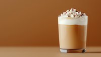 Creamy layered coffee drink topped with whipped cream and cocoa powder in glass on brown background. Minimal composition with copy space.