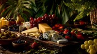 Gourmet cheese board with assorted cheeses, fresh fruits, berries, and nuts arranged on rustic wooden platter surrounded by lush tropical foliage.