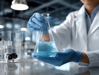 Laboratory scientist in white coat and blue gloves examining blue liquid solution in glass flask during chemical research experiment in modern facility.