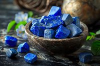 Raw lapis lazuli crystals in wooden bowl on dark background with green leaves, natural healing stones and minerals for crystal therapy and meditation.