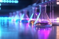 Laboratory flask containing brown liquid on reflective surface with vibrant blue and purple lighting effects creating scientific atmosphere in research facility setting.