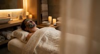 Young African American man relaxing in luxury spa bathtub with candles and warm lighting creating peaceful wellness atmosphere for self-care and rejuvenation.