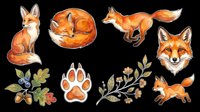 Cute fox character collection isolated on transparent background, featuring sitting, running, sleeping poses and paw prints. Ready for t-shirt design, clipart, stickers, sublimation and print-on-demand products.