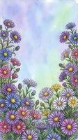 Watercolor floral border with purple pink blue daisies on pastel gradient background for spring greeting cards invitations and decorative designs.