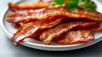 Crispy fried bacon strips arranged on white plate with fresh parsley garnish, showing texture and shine of cooked meat. Close up food photography.
