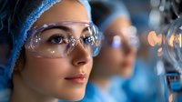 Young Asian female scientist in protective goggles and blue medical cap working in research laboratory, focused expression while conducting experiments.