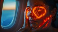 Young Asian woman in airplane with glowing orange digital heart hologram effect over eye, dramatic lighting creates futuristic mood during sunset flight.