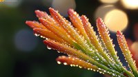 Vibrant orange flower petals with morning dew drops creating sparkly water beads against blurred bokeh background, macro nature photography showing delicate details.