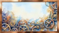 Young adult male of European descent in steampunk attire adjusting brass gears and mechanical cogs in an industrial workshop setting. Watercolor illustration with ornate frame border.
