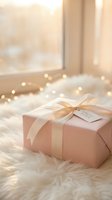 Pink gift box with cream ribbon and special offer tag on fluffy white fur near window with bokeh lights, elegant holiday present.