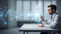 Male doctor in white coat analyzing digital network data on futuristic holographic display in modern medical office for healthcare technology applications.