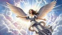 Ethereal female angel with flowing hair and majestic wings soaring through heavenly clouds with divine light rays for spiritual and religious concepts.