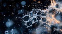 Dynamic water droplets forming abstract bubble patterns against dark background with orange light flares, creating ethereal atmospheric effect. Macro photography captures liquid motion.