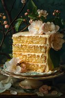 Slice of layered vanilla cake with cream cheese frosting decorated with fresh spring blossoms on vintage cake stand against dark moody background.