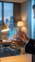 Professional businessman analyzing holographic financial data display with charts and graphs in modern office environment for business presentations.